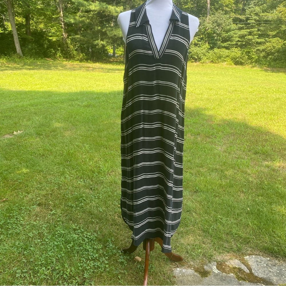 ANTHROPOLOGIE POSTMARK DRESS MAXI BLACK WHITE STRIPE SLEEVELESS V-NECK SIZE M